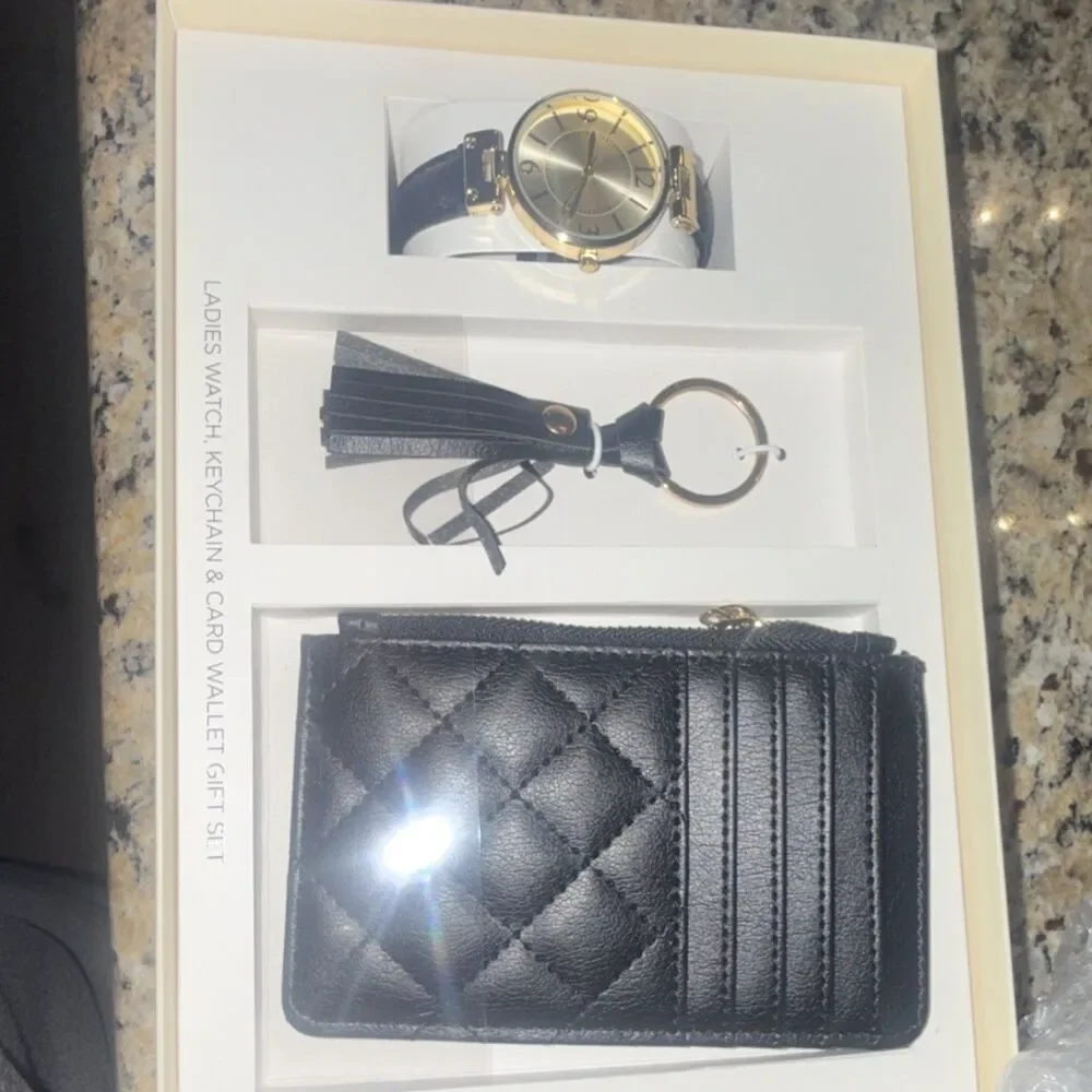 Women's Gold Tone Dress Watch, Black Leather Band, Keychain & Card Wallet Set